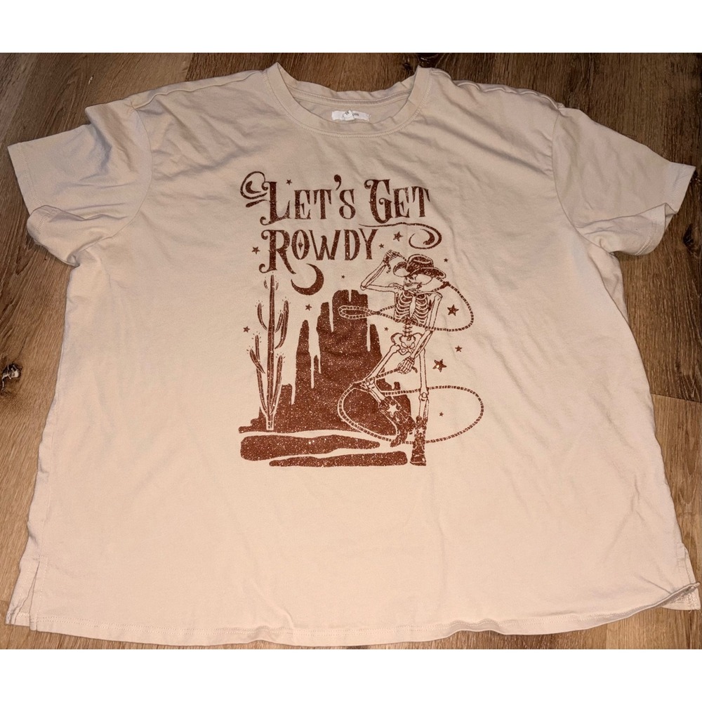 Maurices Lets Get Rowdy Skeleton Cowboy Graphic Tee Tan Brown Glitter Plus 1X